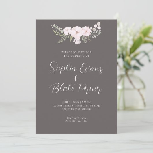 Eenvoudig Bleek Roze en Groene Floral Grey Wedding Kaart (Staand voorkant)