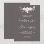 Eenvoudig Bleek Roze en Groene Floral Grey Wedding Kaart (Voorkant / Achterkant)