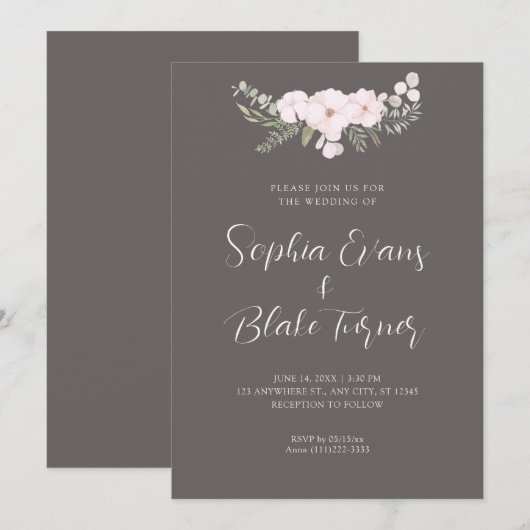 Eenvoudig Bleek Roze en Groene Floral Grey Wedding Kaart (Voorkant / Achterkant)