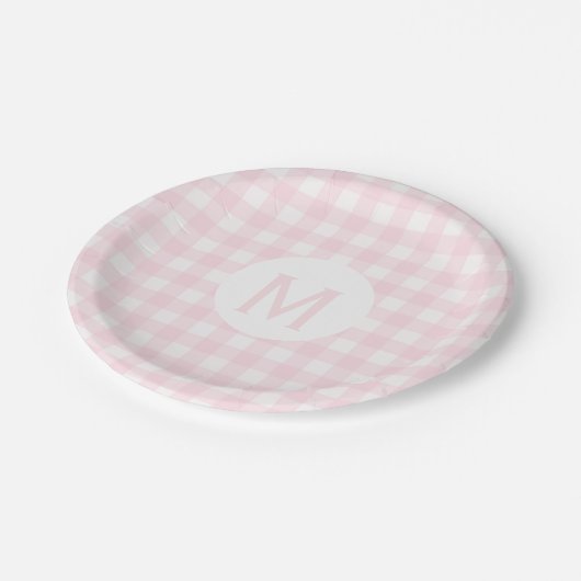 Eenvoudig Bleek Roze Monogram Gingham Papieren Bordje (Gekanteld)