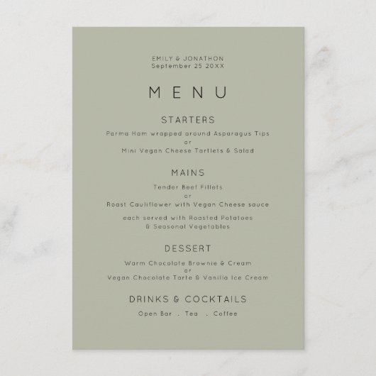 Eenvoudig Bleek Sage Green Wedding Menu (Voorkant)