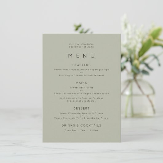Eenvoudig Bleek Sage Green Wedding Menu (Staand voorkant)