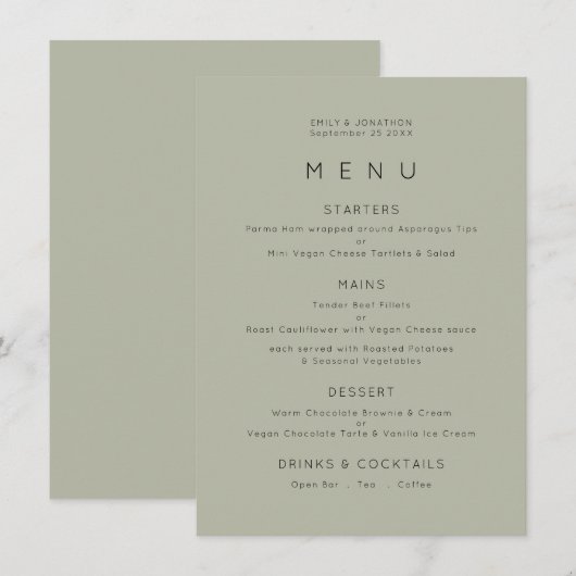Eenvoudig Bleek Sage Green Wedding Menu (Voorkant / Achterkant)