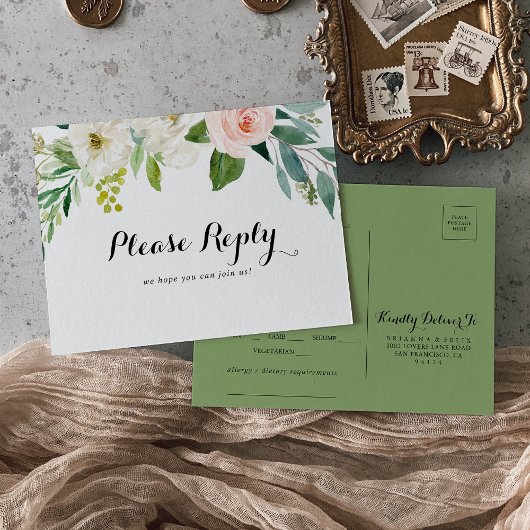 Eenvoudig Bloemen Groen Menu Keuze RSVP Briefkaart