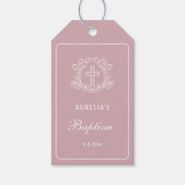 Eenvoudig Bloemen Kruis op Roze Doop Cadeaulabel