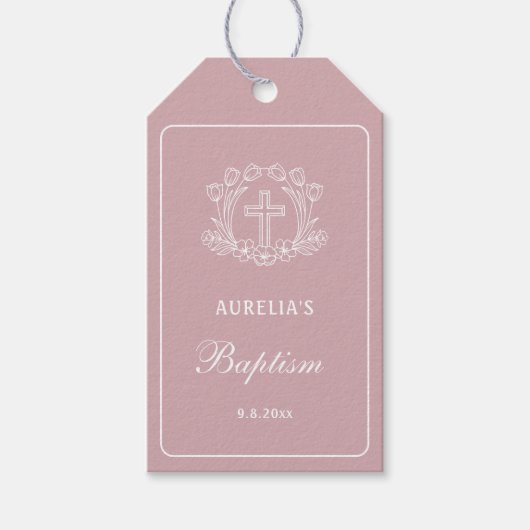 Eenvoudig Bloemen Kruis op Roze Doop Cadeaulabel (Voorkant)