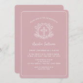 Eenvoudig Bloemen Kruis op Roze Doop Kaart (Voorkant / Achterkant)