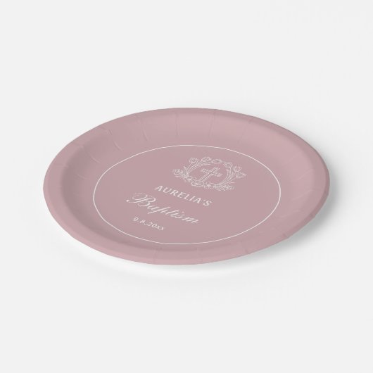 Eenvoudig Bloemen Kruis op Roze Doop Papieren Bordje (Gekanteld)