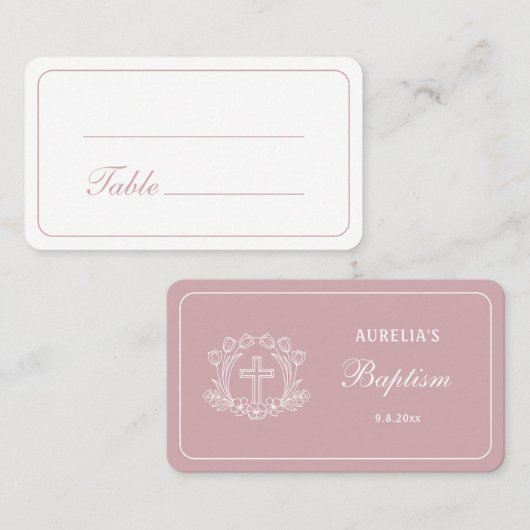 Eenvoudig Bloemen Kruis op Roze Doop Plaatskaartje (Voorkant / Achterkant)