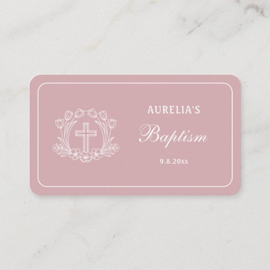 Eenvoudig Bloemen Kruis op Roze Doop Plaatskaartje (Achterkant)