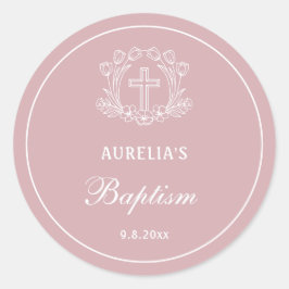 Eenvoudig Bloemen Kruis op Roze Doop Ronde Sticker