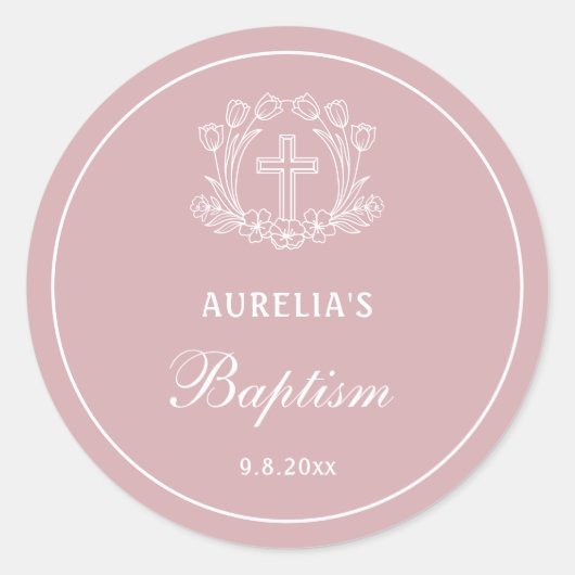 Eenvoudig Bloemen Kruis op Roze Doop Ronde Sticker (Voorkant)