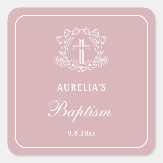 Eenvoudig Bloemen Kruis op Roze Doop Vierkante Sticker (Voorkant)
