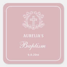 Eenvoudig Bloemen Kruis op Roze Doop Vierkante Sticker