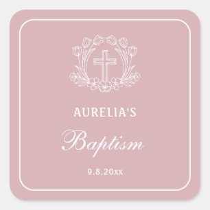 Eenvoudig Bloemen Kruis op Roze Doop Vierkante Sticker