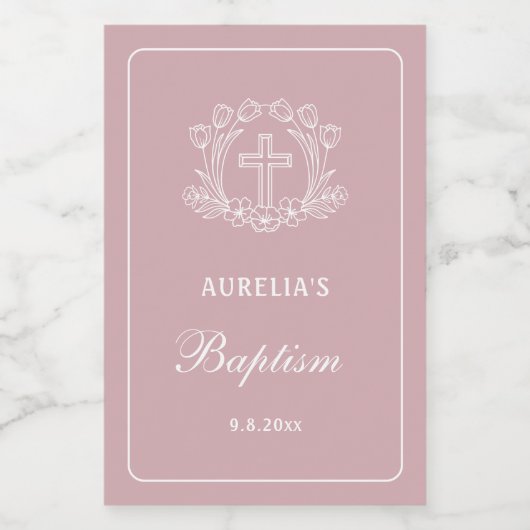 Eenvoudig Bloemen Kruis op Roze Doop Wijn Etiket (Enkel label)