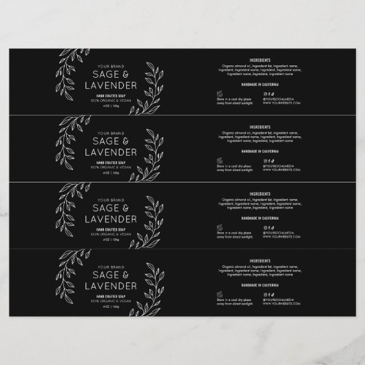 Eenvoudig Bloemen Zwart & Wit Zeep Bar Wrapper Lab (Voorkant)