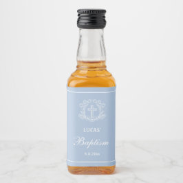 Eenvoudig Bloemenkruis op lichtblauwe doop Likeurfles Etiket