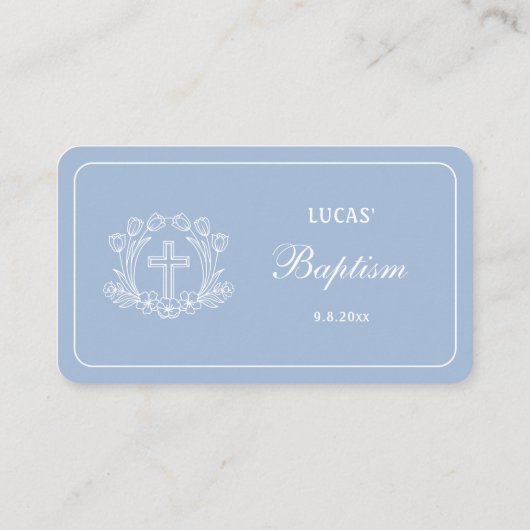 Eenvoudig Bloemenkruis op lichtblauwe doop Plaatskaartje (Achterkant)
