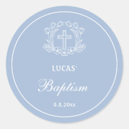 Eenvoudig Bloemenkruis op lichtblauwe doop Ronde Sticker