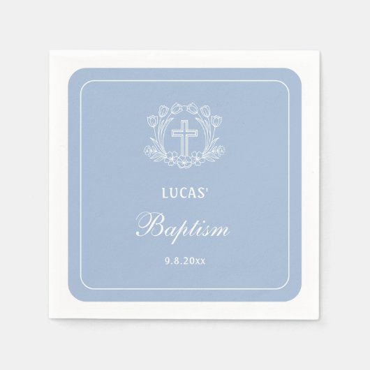 Eenvoudig Bloemenkruis op lichtblauwe doop Servet (Voorkant)