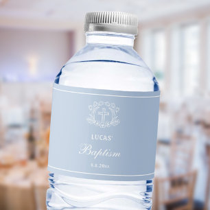 Eenvoudig Bloemenkruis op lichtblauwe doop Waterfles Etiket