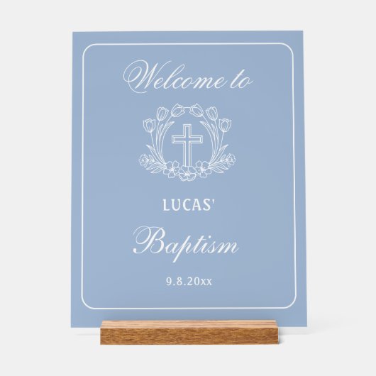 Eenvoudig bloemenkruis op lichtblauwe doop Welkom Acryl Bord (Voorkant)