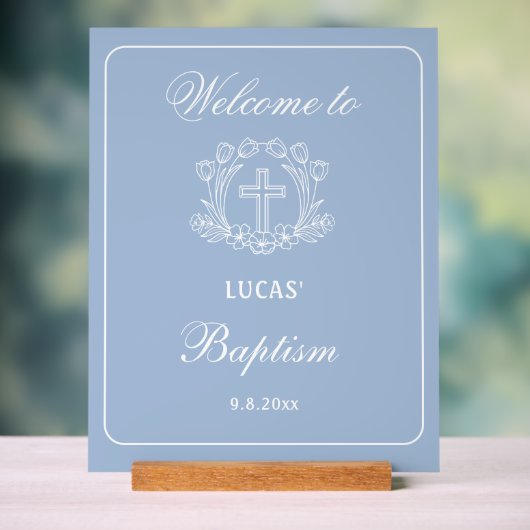 Eenvoudig bloemenkruis op lichtblauwe doop Welkom Acryl Bord (Neutraal)