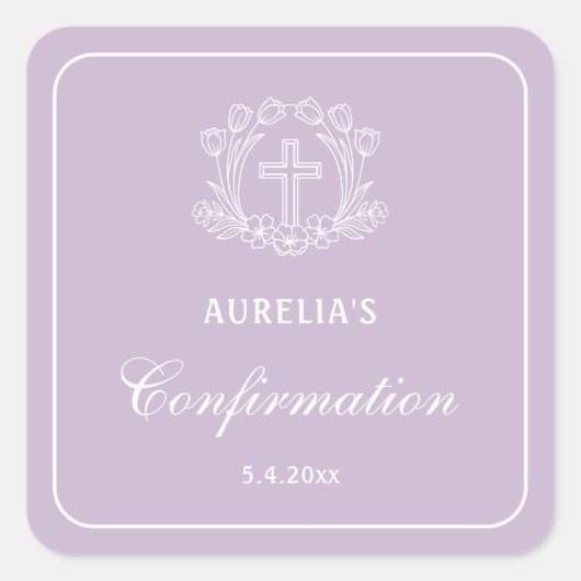 Eenvoudig bloemenkruis op Lila bevestiging Vierkante Sticker (Voorkant)