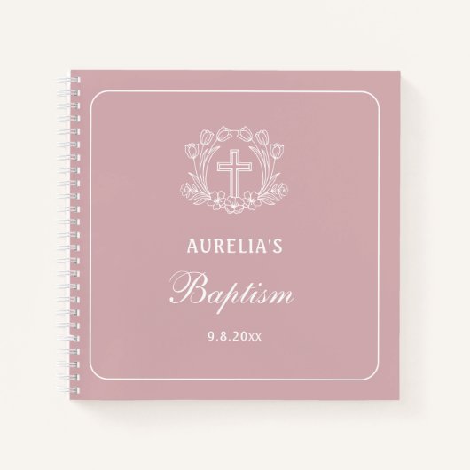 Eenvoudig Bloemenkruis op Roze Doop Gastenboek Notitieboek (Voorkant)