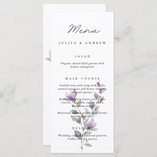 Eenvoudig bloemenscript Wedding Menu kaart (Voorkant / Achterkant)