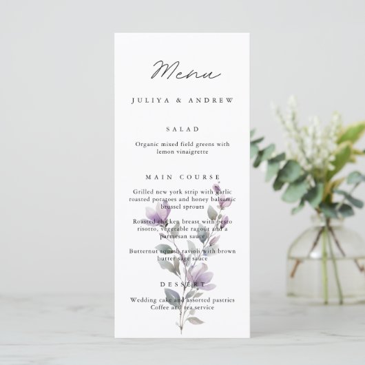 Eenvoudig bloemenscript Wedding Menu kaart (Staand voorkant)