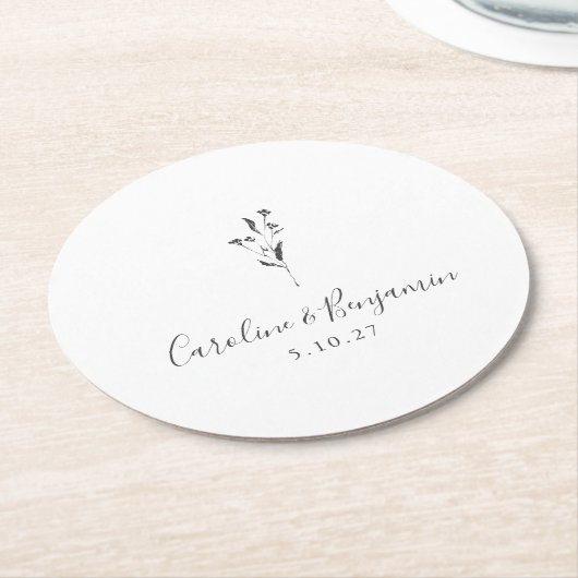 Eenvoudig bloemenscript wit boho bruiloft op maat ronde kartonnen onderzetter (Gebogen)