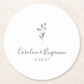 Eenvoudig bloemenscript wit boho bruiloft op maat ronde kartonnen onderzetter (Voorkant)