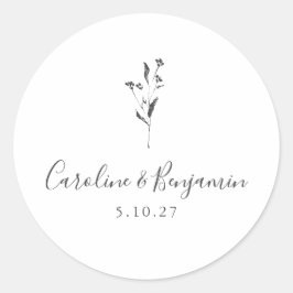 Eenvoudig bloemenscript wit boho bruiloft op maat ronde sticker