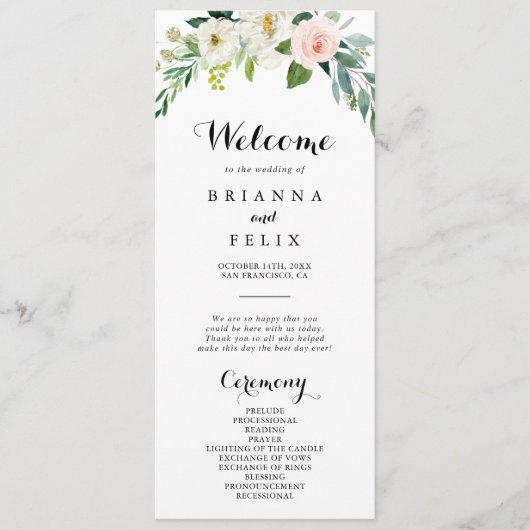 Eenvoudig bloemgroen loof bruiloft programma programmakaart (Voorkant)