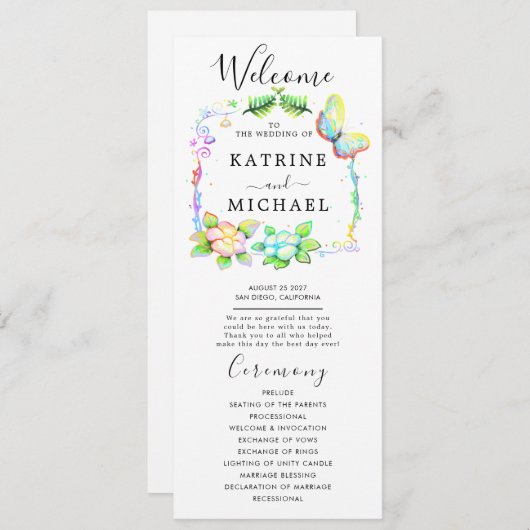 Eenvoudig bloemig huwelijksprogramma programmakaart (Voorkant / Achterkant)