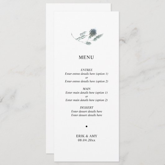 Eenvoudig Blue Thistle Floral Wedding Menu (Voorkant / Achterkant)