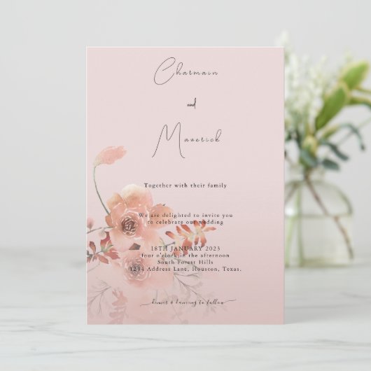 Eenvoudig Blush Pink Floral Water Color Wedding Kaart (Staand voorkant)