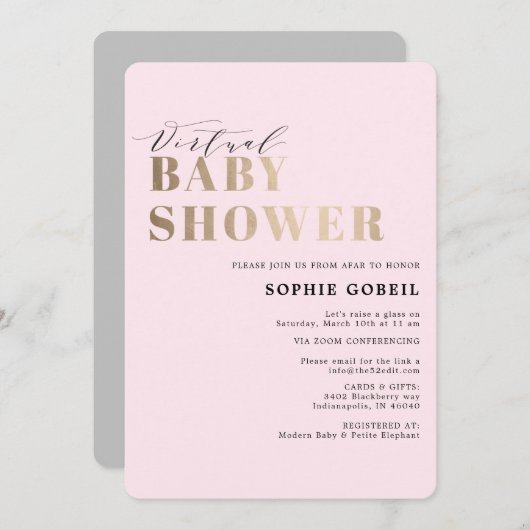 Eenvoudig Blush Pink & Gold VIRTUEEL Baby shower Kaart (Voorkant / Achterkant)