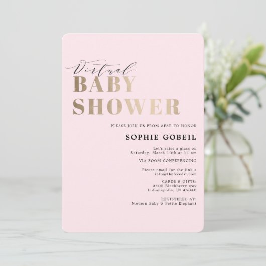 Eenvoudig Blush Pink & Gold VIRTUEEL Baby shower Kaart (Staand voorkant)