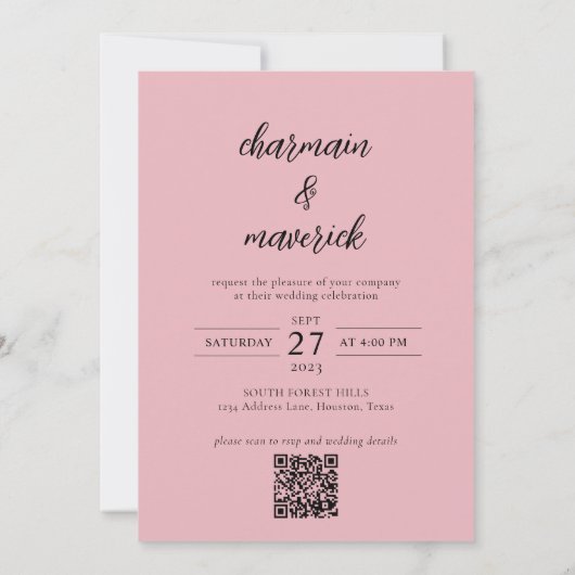 Eenvoudig Blush Pink Script Photo QR Code Weddensc Kaart (Achterkant)