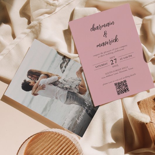 Eenvoudig Blush Pink Script Photo QR Code Weddensc Kaart