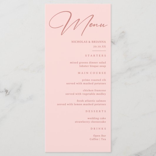 Eenvoudig Blush Pink Weddenschap Menu (Voorkant)