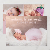 Eenvoudig Blush Roze foto Collage Baby Girl Birth Aankondiging (Voorkant / Achterkant)