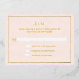 Eenvoudig Blush Roze Monogram Elegant Trouwen RSVP Folie Uitnodiging Briefkaart