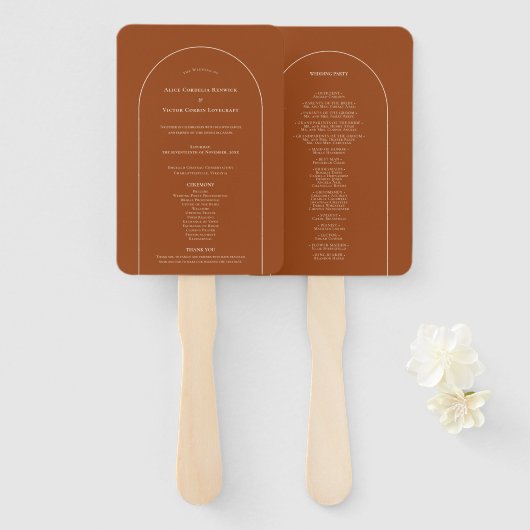 Eenvoudig Boho Boog Terracotta Huwelijksprogramma Handwaaier (Voorkant en achterkant)