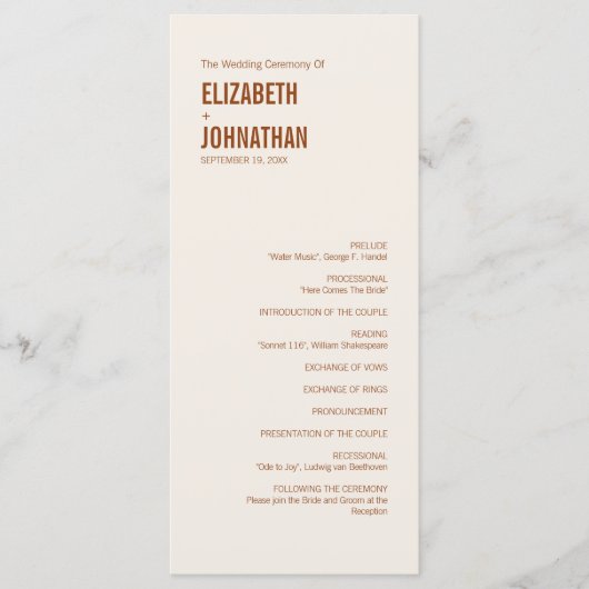 Eenvoudig Boho Terracotta Typografie Huwelijksprog Programmakaart (Voorkant)