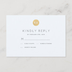 Eenvoudig Bord Blauw Goud Monogram Bruiloft RSVP K Kaartje