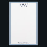 Eenvoudig Bord Blauw & Wit Monogrammed Persoonlijk Briefpapier<br><div class="desc">Bovenaan staat een groot middernachtblauw monogram. Onderaan staat een regel tekst met een donkerblauwe weergave voor jouw naam of een aangepast bericht. Alle tekst kan worden bewerkt of verwijderd. Dit persoonlijke briefpapier heeft een baby blauwe rand.</div>